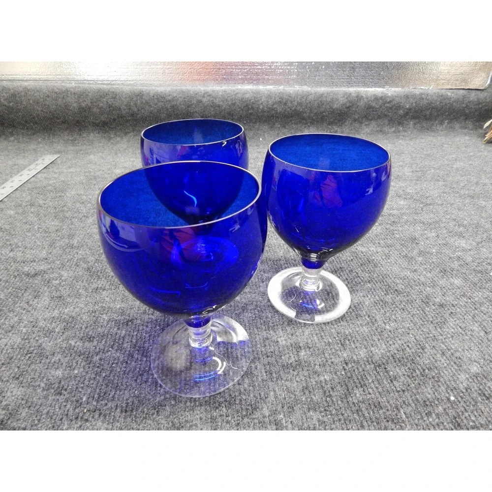 Vintage Cobalt Blue Wine Goblets Set of 3 Clear Stem Water Glasses